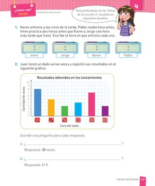 1. Karen entrena a las cinco de la tarde, Pablo media hora antes,
Irene practica dos horas antes que Karen y Jorge una hora
más tarde que Irene. Escribe la hora en que entrena cada uno.
Irene Jorge Karen Pablo
2. Juan lanzó un dado varias veces y registró sus resultados en el
siguiente gráfico.
Resultados obtenidos en los lanzamientos
Cantidaddeveces
Cara del dado
10
9
8
7
6
5
4
3
2
1
0
Escribe una pregunta para cada respuesta.
a. ¿ ?
Respuesta: 30 veces.
b. ¿ ?
Respuesta: El 1.
127
¿Cómo voy?
Desafío
Evaluación de proceso
ciento veintisiete
Para profundizar en los Temas
de la Lección 2, resuelve los
siguientes desafíos.
 