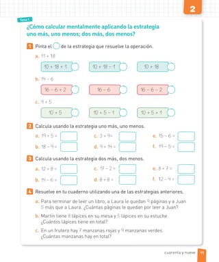 Tema 1
2
¿Cómo calcular mentalmente aplicando la estrategia
uno más, uno menos; dos más, dos menos?
1 Pinta el de la estrategia que resuelve la operación.
a. 11 + 18
10 + 18 + 1 10 + 18 – 1 10 + 18
b. 14 – 6
16 – 6 + 2 16 – 6 16 – 6 – 2
c. 9 + 5
10 + 5 10 + 5 – 1 10 + 5 + 1
2 Calcula usando la estrategia uno más, uno menos.
a. 19 + 5 =
b. 18 – 9 =
c. 3 + 9=
d. 9 + 14 =
e. 15 – 6 =
f. 19 – 5 =
3 Calcula usando la estrategia dos más, dos menos.
a. 12 + 8 =
b. 14 – 6 =
c. 17 – 2 =
d. 8 + 8 =
e. 8 + 7 =
f. 12 – 4 =
4 Resuelve en tu cuaderno utilizando una de las estrategias anteriores.
a. Para terminar de leer un libro, a Laura le quedan 9 páginas y a Juan
5 más que a Laura. ¿Cuántas páginas le quedan por leer a Juan?
b. Martín tiene 8 lápices en su mesa y 5 lápices en su estuche.
¿Cuántos lápices tiene en total?
c. En un frutero hay 7 manzanas rojas y 9 manzanas verdes.
¿Cuántas manzanas hay en total?
49cuarenta y nueve
 