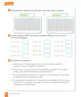Lección 2
6 Representa las operaciones pintando o tachando cubos y resuelve.
a.
43 + 23 =
b.
57 - 36 =
7 Utiliza la tabla de 100 recortable de la página 139 para sumar y restar.
Escribe el resultado.
a. 54 + 25 =
b. 76 – 16 =
c. 36 + 32 =
d. 94 – 32 =
e. 73 + 21 =
f. 85 – 21 =
g. 63 + 35 =
h. 58 – 25 =
i. 26 + 51 =
j. 62 – 22 =
k. 43 + 50 =
l. 58 – 26 =
8 Resuelve en tu cuaderno.
a. Cecilia tenía 57 mantas para vender. Si en la mañana vendió 13,
¿cuántas mantas le quedan por vender?
b. Diego tiene una colección de 98 estampillas y le regala 27 a su mejor
amigo. ¿Con cuántas estampillas se quedó Diego?
c. En una panadería se vendieron 52 panes en la mañana y 45 en la tarde.
¿Cuántos panes se vendieron ese día?
d. En una parcela cosecharon 33 manzanas un día sábado. El día domingo
cosecharon 21 manzanas más que el día anterior. ¿Cuántas manzanas
cosecharon el día domingo?
5252 cincuenta y dos
 