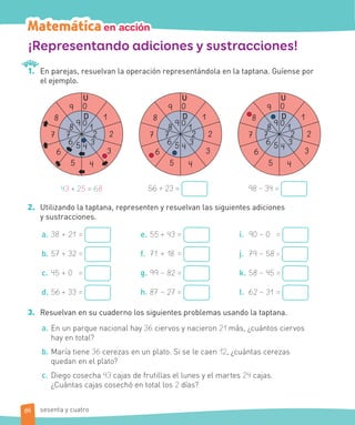 Matemáticaen acción
1. En parejas, resuelvan la operación representándola en la taptana. Guíense por
el ejemplo.
1
1
2 2
3
34
4
5
5
6
6
77
8
8
9
9
0
0
D
U
56 + 23 =
1
1
2 2
3
34
4
5
5
6
6
77
8
8
9
9
0
0
D
U
98 – 34 =
1
1
2 2
3
34
4
5
5
6
6
77
8
8
9
9
0
0
D
U
43 + 25 = 68
2. Utilizando la taptana, representen y resuelvan las siguientes adiciones
y sustracciones.
a. 38 + 21 =
b. 57 + 32 =
c. 45 + 0 =
d. 56 + 33 =
e. 55 + 43 =
f. 71 + 18 =
g. 99 – 82 =
h. 87 – 27 =
i. 90 – 0 =
j. 79 – 58 =
k. 58 – 45 =
l. 62 – 31 =
3. Resuelvan en su cuaderno los siguientes problemas usando la taptana.
a. En un parque nacional hay 36 ciervos y nacieron 21 más, ¿cuántos ciervos
hay en total?
b. María tiene 36 cerezas en un plato. Si se le caen 12, ¿cuántas cerezas
quedan en el plato?
c. Diego cosecha 43 cajas de frutillas el lunes y el martes 24 cajas.
¿Cuántas cajas cosechó en total los 2 días?
¡Representando adiciones y sustracciones!
64 sesenta y cuatro
 