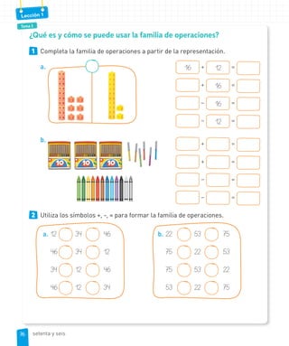 Tema 3
Lección 1
1 Completa la familia de operaciones a partir de la representación.
a. 16 + 12 =
+ 16 =
– 16 =
– 12 =
b.
+ =
+ =
– =
– =
2 Utiliza los símbolos +, -, = para formar la familia de operaciones.
a. 12 34 46
46 34 12
34 12 46
46 12 34
b. 22 53 75
75 22 53
75 53 22
53 22 75
¿Qué es y cómo se puede usar la familia de operaciones?
7676 setenta y seis
 