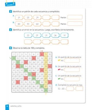 Lección 1
3 Identifica un patrón de cada secuencia y complétala.
a.
21 25 29 Patrón:
b.
80 70 60 Patrón:
4 Identifica un error en la secuencia. Luego, escríbela correctamente.
23 27 31 36 41
5 Observa la tabla de 100 y completa.
1 2 3 4 5 6 7 8 9 10
11 12 13 14 15 16 17 18 19 20
21 22 23 24 25 26 27 28 29 30
31 32 33 34 35 36 37 38 39 40
41 42 43 44 45 46 47 48 49 50
51 52 53 54 55 56 57 58 59 60
61 62 63 64 65 66 67 68 69 70
71 72 73 74 75 76 77 78 79 80
81 82 83 84 85 86 87 88 89 90
91 92 93 94 95 96 97 98 99 100
a. Un patrón de la secuencia
es:
b. Un patrón de la secuencia
es:
c. Un patrón de la secuencia
es:
d. Completa la secuencia roja.
72 – 80 – – .
7878 setenta y ocho
 