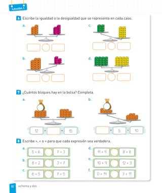 Lección 1
6 Escribe la igualdad o la desigualdad que se representa en cada caso.
a.
b.
c.
d.
7 ¿Cuántos bloques hay en la bolsa? Completa.
a.
12 + = 15
b.
+ 5 < 10
8 Escribe >, < o = para que cada expresión sea verdadera.
a.
5 + 6 7 + 3
b.
8 + 2 3 + 7
c.
6 + 5 7 + 5
d.
11 + 9 8 + 8
e.
10 + 9 12 + 3
f.
0 + 14 3 + 11
8282 ochenta y dos
 