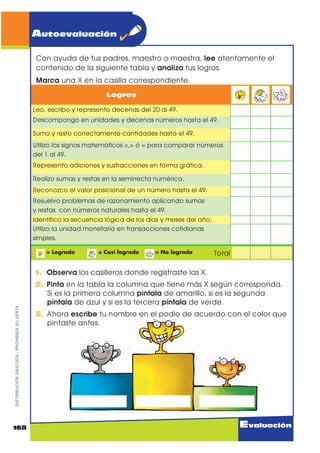 163Evaluación
Mayor
40 20 30
33 47 26
29 16 18
Menor
37 27 47
10 38 11
42 23 33
1~PHUR *UiÀFR /HFWXUD
WUHLQWD  FLQFR
1. 2EVHUYD HO JUiÀFR (QXPHUD ORV
KXHYRV GH FDGD JUXSR (VFULEH HO
Q~PHUR GH KXHYRV TXH KD HQ WRWDO
HQ ODV WDUMHWDV
2. (QFLHUUD HQ FDGD JUXSR FRQ XQ FtUFXOR OD FDQWLGDG TXH VH VROLFLWD
3. RPSOHWD HO VLJXLHQWH FXDGUR
DISTRIBUCIÓNGRATUITA-PROHIBIDASUVENTA
Compruebo lo que aprendí
Nombre:
3
Puntos
3
Puntos
3
Puntos
 