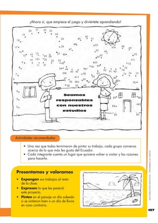 1. $UPDQGR TXLHUH FRQWDU ORV MXJXHWHV VHOHFFLRQDGRV SRU VXV
FRPSDxHURV  FRPSDxHUDV RPSOHWD OD WDEOD FRORFDQGR XQD
UDLWD SRU FDGD MXJXHWH
3. (ODERUD XQD OLVWD FRQ ORV QRPEUHV GH WXV FRPSDxHURV  FRPSDxHUDV
IUHQWH D FDGD QRPEUH HVFULEH OD PDVFRWD SUHIHULGD GH FDGD XQR 
HVFULEH OD LQIRUPDFLyQ HQ XQD WDEOD GH UHFROHFFLyQ GH GDWRV
2. )LMDWH HQ OD WDEOD DQWHULRU  SLQWD WDQWRV FXDGURV FRPR MXJXHWHV
KD GH FDGD XQR
Objetos Número
de objetos
Total
RQWHVWD
¢$ FXiQWRV QLxRV  QLxDV OHV JXVWD MXJDU FRQ OD SHORWD
¢XiQWRV QLxRV  QLxDV MXHJDQ FRQ PXxHFDV
¢$ FXiQWRV QLxRV  QLxDV OHV JXVWD VDOWDU VRJD
RQWHVWD
¢XiO MXJXHWH OHV JXVWD PiV
¢XiO MXJXHWH OHV JXVWD PHQRV
182
DISTRIBUCIÓNGRATUITA-PROHIBIDASUVENTA
Practico lo que aprendí
Destrezas con criterios
de desempeño
 