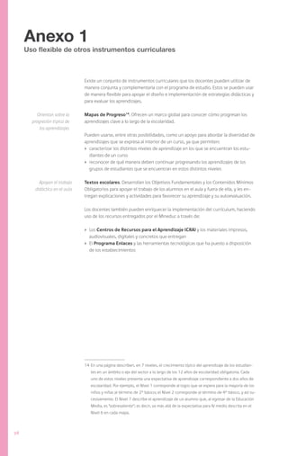 Anexo 1
     Uso flexible de otros instrumentos curriculares



                               Existe un conjunto de instrumentos curriculares que los docentes pueden utilizar de
                               manera conjunta y complementaria con el programa de estudio. Estos se pueden usar
                               de manera flexible para apoyar el diseño e implementación de estrategias didácticas y
                               para evaluar los aprendizajes.

          Orientan sobre la    Mapas de Progreso14. Ofrecen un marco global para conocer cómo progresan los
       progresión típica de    aprendizajes clave a lo largo de la escolaridad.
           los aprendizajes
                               Pueden usarse, entre otras posibilidades, como un apoyo para abordar la diversidad de
                               aprendizajes que se expresa al interior de un curso, ya que permiten:
                               ›	 caracterizar los distintos niveles de aprendizaje en los que se encuentran los estu-
                                  diantes de un curso
                               ›	 reconocer de qué manera deben continuar progresando los aprendizajes de los
                                  grupos de estudiantes que se encuentran en estos distintos niveles

          Apoyan el trabajo    Textos escolares. Desarrollan los Objetivos Fundamentales y los Contenidos Mínimos
        didáctico en el aula   Obligatorios para apoyar el trabajo de los alumnos en el aula y fuera de ella, y les en-
                               tregan explicaciones y actividades para favorecer su aprendizaje y su autoevaluación.

                               Los docentes también pueden enriquecer la implementación del currículum, haciendo
                               uso de los recursos entregados por el Mineduc a través de:

                               ›	Los Centros de Recursos para el Aprendizaje (CRA) y los materiales impresos,
                                 audiovisuales, digitales y concretos que entregan
                               ›	El Programa Enlaces y las herramientas tecnológicas que ha puesto a disposición
                                 de los establecimientos




                               14	 En una página describen, en 7 niveles, el crecimiento típico del aprendizaje de los estudian-
                                  tes en un ámbito o eje del sector a lo largo de los 12 años de escolaridad obligatoria. Cada
                                  uno de estos niveles presenta una expectativa de aprendizaje correspondiente a dos años de
                                  escolaridad. Por ejemplo, el Nivel 1 corresponde al logro que se espera para la mayoría de los
                                  niños y niñas al término de 2° básico; el Nivel 2 corresponde al término de 4° básico, y así su-
                                  cesivamente. El Nivel 7 describe el aprendizaje de un alumno que, al egresar de la Educación
                                  Media, es “sobresaliente”; es decir, va más allá de la expectativa para IV medio descrita en el
                                  Nivel 6 en cada mapa.



98
 