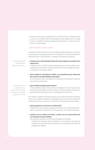 ›	 observar el desarrollo, la progresión o el crecimiento de las competencias de
                                   un alumno, al constatar cómo sus desempeños se van desplazando en el mapa
                                ›	 contar con modelos de tareas y preguntas que permitan a cada alumno evi-
                                   denciar sus aprendizajes

                                ¿Cómo diseñar la evaluación?


                                La evaluación debe diseñarse a partir de los Aprendizajes Esperados, con el obje-
                                to de observar en qué grado se alcanzan. Para lograrlo, se recomienda diseñar la
                                evaluación junto a la planificación y considerar las siguientes preguntas:

        Partir estableciendo    ›	 ¿Cuáles son los Aprendizajes Esperados del programa que abarcará la
            los Aprendizajes       evaluación?
       Esperados a evaluar…     	 Si debe priorizar, considere aquellos aprendizajes que serán duraderos y pre-
                                   rrequisitos para desarrollar otros aprendizajes. Para esto, los Mapas de Progre-
                                   so pueden ser de especial utilidad

                                ›	 ¿Qué evidencia necesitarían exhibir sus estudiantes para demostrar
                                   que dominan los Aprendizajes Esperados?
                                	 Se recomienda utilizar como apoyo los Indicadores de Evaluación sugeridos
                                   que presenta el programa.

        …y luego decidir qué    ›	 ¿Qué método empleará para evaluar?
          se requiere para su   	 Es recomendable utilizar instrumentos y estrategias de diverso tipo (pruebas
     evaluación en términos        escritas, guías de trabajo, informes, ensayos, entrevistas, debates, mapas con-
     de evidencias, métodos,       ceptuales, informes de laboratorio e investigaciones, entre otros).
        preguntas y criterios
                                En lo posible, se deben presentar situaciones que pueden resolverse de distintas
                                maneras y con diferente grado de complejidad, para que los diversos estudiantes
                                puedan solucionarlas y muestren sus distintos niveles y estilos de aprendizaje.

                                ›	 ¿Qué preguntas se incluirá en la evaluación?
                                	 Se deben formular preguntas rigurosas y alineadas con los Aprendizajes Espe-
                                   rados, que permitan demostrar la real comprensión del contenido evaluado

                                ›	 ¿Cuáles son los criterios de éxito?, ¿cuáles son las características de
                                   una respuesta de alta calidad?
                                	 Esto se puede responder con distintas estrategias. Por ejemplo:
                                   -	 comparar las respuestas de sus estudiantes con las mejores respuestas de
                                      otros alumnos de edad similar. Se pueden usar los ejemplos presentados en
                                      los Mapas de Progreso




20
 