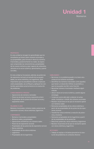 Unidad 1
                                                                                                Números




Propósito
En esta unidad se recogen los aprendizajes que los
estudiantes ya tienen sobre números racionales y
sus propiedades, para introducir ahora los números
irracionales y posteriormente los reales. Se espera
que comprendan las características y propiedades
de los nuevos números y sean capaces de ordenarlos,
ubicarlos en la recta numérica, aproximarlos y operar
con ellos.

En esta unidad se incorporan, además, las potencias     Habilidades
de exponente racional y el estudio de sus propie-       ›	 Reconocer si un problema puede o no tener solu-
dades, las raíces enésimas y los logaritmos. Será          ciones en los números racionales
importante que los estudiantes realicen conjeturas      ›	 Identificar los números irracionales como aquellos
sobre propiedades, las verifiquen y apliquen los con-      que tienen un desarrollo infinito no periódico y
tenidos aprendidos anteriormente en la resolución          que no se pueden escribir como fracción
de problemas.                                           ›	 Aproximar números irracionales mediante algún
                                                           método
Conocimientos previos                                   ›	 Ubicar raíces en la recta numérica, usando alguna
›	 Operaciones de números racionales                       estrategia
›	 Potencias de base racional y exponente entero        ›	 Conjeturar acerca del valor a obtener al sumar,
›	 Propiedades de las potencias de base racional y         restar, multiplicar o dividir dos números racionales
   exponente entero                                     ›	 Resolver situaciones en las que es necesario operar
                                                           con números reales
Palabras clave                                          ›	 Demostrar propiedades de las raíces enésimas a
Números irracionales, números reales, potencias de         partir de las propiedades de las potencias de expo-
exponente racional, raíces enésimas, logaritmos.           nente racional
                                                        ›	 Transformar raíces enésimas a notación de poten-
Contenidos                                                 cias y viceversa
›	 Números irracionales y propiedades                   ›	 Demostrar propiedades de los logaritmos a partir
›	 Números reales y propiedades                            de las propiedades de las potencias
›	 Operaciones aritméticas con números reales           ›	 Relacionar potencias, raíces enésimas y logaritmos
›	 Potencias de exponente racional                      ›	 Resolver situaciones en las que es necesario operar
›	 Propiedades de las potencias de exponente racional      con raíces enésimas y logaritmos
›	 Raíces enésimas
›	 Propiedades de las raíces enésimas                   Actitudes
›	Logaritmos                                            ›	 Trabajo en equipo e iniciativa personal en la reso-
›	 Propiedades de los logaritmos                           lución de problemas en contextos diversos



                                                                                                                  33
 