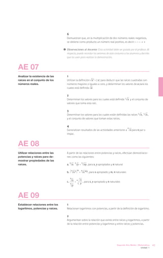6
                                     Demuestran que, en la multiplicación de dos números reales negativos,
                                     se obtiene como producto un número real positivo, es decir: − · − = +

                                  !	 Observaciones al docente: Esta actividad debe ser guiada por el profesor. Al
                                     respecto, puede recordar los axiomas de este conjunto a los alumnos y decirles
                                     que los usen para realizar la demostración.



AE 07
Analizar la existencia de las        1
raíces en el conjunto de los         Utilizan la definición x2 = | x | para deducir que las raíces cuadradas son
números reales.                      números mayores o iguales a cero, y determinan los valores de a para los
                                     cuales está definida a

                                     2
                                     Determinan los valores para los cuales está definida 3                     x   y el conjunto de
                                     valores que toma esta raíz.

                                     3
                                     Determinan los valores para los cuales están definidas las raíces 4                     x, 5 x,
                                     y el conjunto de valores que toman estas raíces.

                                     4
                                                                                                                n
                                     Generalizan resultados de las actividades anteriores a                         x para n par o
                                     impar.



AE 08
Utilizar relaciones entre las        A partir de las relaciones entre potencias y raíces, efectúan demostracio-
potencias y raíces para de-          nes como las siguientes:
mostrar propiedades de las
                                           n        n
raíces.                              a.	       x        y = n xy , para x, y apropiados y n natural
                                               n        m       n
                                     b.	           xp       =       x m p , para x apropiado y m, n naturales
                                           n
                                               x        n   x
                                     c.	            =               , para x, y apropiado y n naturales
                                           n                y
                                               y


AE 09
Establecer relaciones entre los      1
logaritmos, potencias y raíces.      Relacionan logaritmos con potencias, a partir de la definición de logaritmo.

                                     2
                                     Argumentan sobre la relación que existe entre raíces y logaritmos, a partir
                                     de la relación entre potencias y logaritmos y entre raíces y potencias.




                                                                                                    Segundo Año Medio / Matemática      43
                                                                                                                             Unidad 1
 