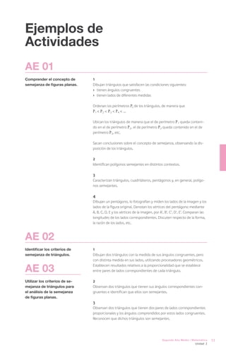 Ejemplos de
Actividades
AE 01
Comprender el concepto de       1
semejanza de figuras planas.    Dibujan triángulos que satisfacen las condiciones siguientes:
                                ›	 tienen ángulos congruentes
                                ›	 tienen lados de diferentes medidas

                                Ordenan los perímetros Pi de los triángulos, de manera que
                                P1 < P2 < P3 < P4 < ...

                                Ubican los triángulos de manera que el de perímetro P1 queda conteni-
                                do en el de perímetro P2 , el de perímetro P2 queda contenido en el de
                                perímetro P3, etc.

                                Sacan conclusiones sobre el concepto de semejanza, observando la dis-
                                posición de los triángulos.

                                2
                                Identifican polígonos semejantes en distintos contextos.

                                3
                                Caracterizan triángulos, cuadriláteros, pentágonos y, en general, polígo-
                                nos semejantes.

                                4
                                Dibujan un pentágono, lo fotografían y miden los lados de la imagen y los
                                lados de la figura original. Denotan los vértices del pentágono mediante
                                A, B, C, D, E y los vértices de la imagen, por A’, B’, C’, D’, E’. Comparan las
                                longitudes de los lados correspondientes. Discuten respecto de la forma,
                                la razón de los lados, etc.



AE 02
Identificar los criterios de    1
semejanza de triángulos.        Dibujan dos triángulos con la medida de sus ángulos congruentes, pero
                                con distinta medida en sus lados, utilizando procesadores geométricos.

AE 03                           Establecen resultados relativos a la proporcionalidad que se establece
                                entre pares de lados correspondientes de cada triángulo.

Utilizar los criterios de se-   2
mejanza de triángulos para      Observan dos triángulos que tienen sus ángulos correspondientes con-
el análisis de la semejanza     gruentes e identifican que ellos son semejantes.
de figuras planas.
                                3
                                Observan dos triángulos que tienen dos pares de lados correspondientes
                                proporcionales y los ángulos comprendidos por estos lados congruentes.
                                Reconocen que dichos triángulos son semejantes.




                                                                                Segundo Año Medio / Matemática    53
                                                                                                       Unidad 2
 