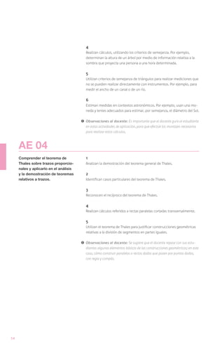 4
                                           Realizan cálculos, utilizando los criterios de semejanza. Por ejemplo,
                                           determinan la altura de un árbol por medio de información relativa a la
                                           sombra que proyecta una persona a una hora determinada.

                                           5
                                           Utilizan criterios de semejanza de triángulos para realizar mediciones que
                                           no se pueden realizar directamente con instrumentos. Por ejemplo, para
                                           medir el ancho de un canal o de un río.

                                           6
                                           Estiman medidas en contextos astronómicos. Por ejemplo, usan una mo-
                                           neda y lentes adecuados para estimar, por semejanza, el diámetro del Sol.

                                        !	 Observaciones al docente: Es importante que el docente guíe al estudiante
                                           en estas actividades de aplicación, para que efectúe los montajes necesarios
                                           para realizar estos cálculos.



     AE 04
     Comprender el teorema de              1
     Thales sobre trazos proporcio-        Analizan la demostración del teorema general de Thales.
     nales y aplicarlo en el análisis
     y la demostración de teoremas         2
     relativos a trazos.                   Identifican casos particulares del teorema de Thales.

                                           3
                                           Reconocen el recíproco del teorema de Thales.

                                           4
                                           Realizan cálculos referidos a rectas paralelas cortadas transversalmente.

                                           5
                                           Utilizan el teorema de Thales para justificar construcciones geométricas
                                           relativas a la división de segmentos en partes iguales.

                                        !	 Observaciones al docente: Se sugiere que el docente repase con sus estu-
                                           diantes algunos elementos básicos de las construcciones geométricas; en este
                                           caso, cómo construir paralelas a rectas dadas que pasen por puntos dados,
                                           con regla y compás.




54
 