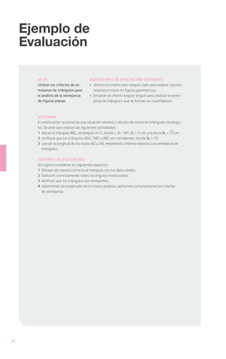Ejemplo de
     Evaluación

       AE 03                            Indicadores de Evaluación sugeridos
       Utilizar los criterios de se-    ›	 Utilizan el criterio lado-ángulo-lado para realizar cálculos
       mejanza de triángulos para          relativos a trazos en figuras geométricas.
       el análisis de la semejanza      ›	 Emplean el criterio ángulo-ángulo para analizar la seme-
       de figuras planas.                  janza de triángulos que se forman en cuadriláteros.



       Actividad
       A continuación se presenta una situación relativa a cálculos de trazos en triángulos rectángu-
       los. Se pide que realicen las siguientes actividades:
       1	 dibuje el triángulo ABC, rectángulo en C, donde A = 30º, AC = 2 cm. y la altura h c = 3 cm.
       2	 verifique que los triángulos ADC, DBC y ABC son semejantes, donde h c = CD
       3	 calcule la longitud de los trazos AD y DB, empleando criterios relativos a la semejanza de
          triángulos.

       Criterios de evaluación
       Se sugiere considerar los siguientes aspectos:
       1	 Dibujan de manera correcta el triángulo con los datos dados.
       2	 Deducen correctamente todos los ángulos involucrados.
       3	 Verifican que los triángulos son semejantes.
       4	 Determinan las longitudes de los trazos pedidos, aplicando correctamente los criterios
          de semejanza.




58
 