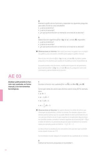 4
                                         Analizan la gráfica de las funciones y responden las siguientes preguntas
                                         para cada uno de los casos estudiados:
                                         ›	 ¿cuál es el dominio?
                                         ›	 ¿cuál es el recorrido?
                                         ›	 ¿en qué punto la función se intersecta con el eje de las abscisas?

                                         5
                                         Dada la función logarítmica f ( x ) = log ( x + a ) , con a IR, responden:
                                         ›	 ¿cuál es el dominio?
                                         ›	 ¿cuál es el recorrido?
                                         ›	 ¿en qué punto la función se intersecta con el eje de las abscisas?

                                     !	 Observaciones al docente: Para estas funciones, se sugiere usar un progra-
                                        ma gráfico y una calculadora científica para apoyar la gráfica manual.

                                     	   Para el caso de la función f ( x ) = log ( x + a ), con a IR , el profesor puede
                                         preguntar a los alumnos qué sucede con la gráfica al variar el parámetro a .

                                     	   Se puede estudiar otras funciones, modificando la posición del parámetro
                                         a ; por ejemplo: f ( x ) = a log ( x ) , con a IR y a ≠ 0, y preguntar acerca del
                                         crecimiento y decrecimiento de la función.



     AE 03
     Analizar gráficamente la fun-       1
     ción raíz cuadrada, en forma        Estudian la función raíz cuadrada f ( x ) = a    bx, con bx IR0+ y a IR.
     manual y con herramientas
     tecnológicas.                       Construyen tablas de valores para distintos valores de a y b. Por ejemplo,
                                         para:
                                         ›	 a = b = 1

                                         ›	   a = -2 y b = 1	
                                         ›	   a = 1 y b = -2
                                                    1
                                         › 	a = -     y b = -5
                                                    2
                                     !	 Observaciones al docente: Se sugiere observar las tablas de valores que
                                        construyen los estudiantes y utilizar los errores. Por ejemplo, algunos estu-
                                        diantes podrían pensar que no se puede obtener el valor aproximado de una
                                        raíz solo por el hecho de ver el signo negativo en el radicando. Algunos alum-
                                        nos también pueden considerar números negativos de la función j ( x ) = x en
                                        la tabla de valores y no percatarse de que ese valor no existe en los números
                                        reales; por ejemplo, quizás escriban x = -4, j (-4) = -2
                                     	
                                     	 La idea es hacer la prueba en una calculadora para que vean qué resultado
                                        arroja al pedir el valor de -4.

                                     	   Se recomienda recordar después el concepto de raíz cuadrada de un número.

                                         2
                                         Grafican las funciones propuestas en la actividad 1.



68
 