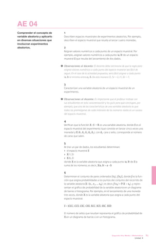 AE 04
Comprender el concepto de           1
variable aleatoria y aplicarlo      Describen espacios muestrales de experimentos aleatorios. Por ejemplo,
en diversas situaciones que         describen el espacio muestral que resulta al lanzar cuatro monedas.
involucran experimentos
aleatorios.                         2
                                    Asignan valores numéricos a cada punto de un espacio muestral. Por
                                    ejemplo, asignan valores numéricos a cada punto (a, b) de un espacio
                                    muestral S que resulta del lanzamiento de dos dados.

                                 !	 Observaciones al docente: El docente debe cerciorarse de que la regla para
                                    asignar valores numéricos a cada punto del espacio muestral sea fácil de
                                    seguir. En el caso de la actividad propuesta, sería fácil asignar a cada punto
                                    (a, b) el mínimo entre a y b. De esta manera (2, 5) 2, (1, 6) 1.

                                    3
                                    Caracterizan una variable aleatoria de un espacio muestral de un
                                    experimento.

                                 !	 Observaciones al docente: Es importante que el profesor trabaje con
                                    sus estudiantes en esta caracterización y los guíe para que concluyan, por
                                    ejemplo, que una de las características de una variable aleatoria es que
                                    todas las preimágenes de cada intervalo de los números reales es un suceso
                                    del espacio muestral.

                                    4
                                    Verifican que la función X : S R es una variable aleatoria, donde S es el
                                    espacio muestral del experimento (que consiste en lanzar cinco veces una
                                    moneda) y X (A1 A2 A3 A4 A5), con Ai cara o sello, corresponde al número
                                    de caras que salen.

                                    5
                                    Al tirar un par de dados, los estudiantes determinan:
                                    ›	 el espacio muestral S
                                    ›	 X (1,5)
                                    ›	 X (6,3)
                                    donde X es la variable aleatoria que asigna a cada punto (a, b) de S la
                                    suma de los números; es decir, X(a, b) = a + b

                                    6
                                    Determinan el conjunto de pares ordenados [(x i ), f (x i )], donde f es la fun-
                                    ción que asigna probabilidades a los puntos del conjunto del recorrido de
                                    la variable aleatoria X : {x 1, x 2, ... x n } ; es decir, f ( x k ) P ( X = x k ), y repre-
                                    sentan el gráfico de probabilidad de la variable aleatoria en un diagrama
                                    de barras o histograma. Por ejemplo, en el lanzamiento de una moneda
                                    tres veces, donde X es la variable aleatoria que asigna a cada punto del
                                    espacio muestral:

                                    S = {CCC, CCS, CSC, CSS, SCC, SCS, SSC, SSS}

                                    El número de sellos que resultan representa el gráfico de probabilidad de
                                    X en un diagrama de barras o en un histograma.




                                                                                           Segundo Año Medio / Matemática          85
                                                                                                                      Unidad 4
 