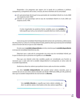 135
Respondan a las preguntas que siguen con la ayuda de su profesora o profesor,
compañeras y compañeros de la clase, e incluso, de otros miembros de la comunidad:
¿En qué porcentaje disminuyó la tasa promedio de mortalidad infantil en el año 2008
con respecto al año 1990?
Calculen en qué porcentaje varió la tasa de mortalidad infantil en el año 2003 con
respecto al año 1999.
A estas magnitudes las podemos llamar variables, pues una variable es
todo aquello que varía, y esa variación se puede observar, medir y estudiar.
Una variable discreta es aquella que toma valores aislados, es
decir no admite valores intermedios entre dos valores específicos.
Como la tasa de mortalidad infantil depende del número de nacimientos y defunciones
deniñosentre0 y5añosenuntiempodeterminado,podemosdecirqueestatasademortalidad
está en función del año en que se esté midiendo.
Enestecaso,lavariableindependienteeselaño,mientrasquelavariabledependiente
es la tasa de mortalidad infantil de ese año.
Observen que a cada año le corresponde una única tasa de mortalidad infantil, por
lo que la relación que se presenta en la gráfica es una función.
Para que una relación entre dos variables pueda ser considerada una función es
necesario que a cada valor de la variable independiente le corresponda un único valor de
la variable dependiente.
Analicemos ahora los valores que pudieran tomar cada una de estas variables:
Los años (variable independiente) sólo pueden tomar valores naturales, pues se
cuentan de uno en uno. Estos valores naturales van desde 1990 hasta 2008, por ello, podemos
decir que la variable independiente de esta función es discreta.
 
