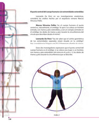 158
Elpuntocentraldelcuerpohumanoconextremidadesextendidas
Leonardo Da Vinci en sus investigaciones anatómicas,
consideró los análisis hechos por el arquitecto romano Marcos
Vitruvius Pollio.
Marcos Vitruvius Pollio: “en el cuerpo humano el punto
central es, naturalmente, el ombligo. Ya que si se coloca un hombre
estirado, con manos y pies extendidos, y con un compás centrado en
el ombligo, los dedos de manos y pies tocarán la circunferencia del
círculo que describen desde el mismo”.
Leonardo Da Vinci: “has de saber que el centro geométrico
de tus extremidades separadas estará situado en tu ombligo”.
http://cosasdehistoria3.blogspot.com/2011/10/humanismo-elhombre-de-vitruvio.
Estos dos investigadores expresaron que el punto central del
cuerpo humano es el ombligo: si se coloca una mujer o un hombre,
con manos y pies extendidos (tal como en el gráfico 1), los dedos de
manos y pies tocarán la circunferencia que se describe.
Elpuntocentraldelcuerpohumanoconextremidadesextendidas
Leonardo Da Vinci en sus investigaciones anatómicas,
consideró los análisis hechos por el arquitecto romano Marcos
Vitruvius Pollio.
Marcos Vitruvius Pollio:
central es, naturalmente, el ombligo. Ya que si se coloca un hombre
estirado, con manos y pies extendidos, y con un compás centrado en
el ombligo, los dedos de manos y pies tocarán la circunferencia del
círculo que describen desde el mismo”.
Leonardo Da Vinci:
de tus extremidades separadas estará situado en tu ombligo”.
http://cosasdehistoria3.blogspot.com/2011/10/humanismo-elhombre-de-vitruvio.
Estos dos investigadores expresaron que el punto central del
cuerpo humano es el ombligo: si se coloca una mujer o un hombre,
con manos y pies extendidos (tal como en el
manos y pies tocarán la circunferencia que se describe.
Gráfico 1
 