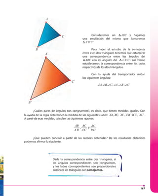 167
Consideremos un ABCABC y hagamos
una ampliación del mismo que llamaremos
ABCA´B´C´.
Para hacer el estudio de la semejanza
entre esos dos triángulos tenemos que establecer
una correspondencia entre los ángulos del
ABCABC con los ángulos del ABCA´B´C´. Así mismo
establecemos la correspondencia entre los lados
respectivos de los dos triángulos.
Con la ayuda del transportador midan
los siguientes ángulos:
, , , ´, ´, ´A B C A B C∠ ∠ ∠ ∠ ∠ ∠
A´
B
C
B´
C´
A
¿Cuáles pares de ángulos son congruentes?, es decir, que tienen medidas iguales. Con
la ayuda de la regla determinen la medida de los siguientes lados: , , , ´ ´, ´ ´, ´ ´AB BC AC A B B C A C .
A partir de esas medidas, calculen las siguientes razones:
,
´ ´ ´ ´ ´ ´
AB AC BC
y
A B A C B C
y,
´ ´ ´ ´ ´ ´
AB AC BC
y
A B A C B C
¿Qué pueden concluir a partir de las razones obtenidas? De los resultados obtenidos
podemos afirmar lo siguiente:
Dada la correspondencia entre dos triángulos, si
los ángulos correspondientes son congruentes,
y los lados correspondientes son proporcionales
entonces los triángulos son semejantes.
C
A
 