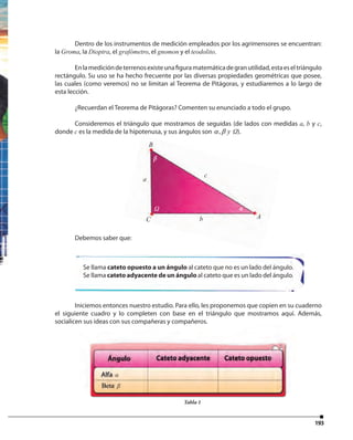 193
Dentro de los instrumentos de medición empleados por los agrimensores se encuentran:
la Groma, la Dioptra, el grafómetro, el gnomon y el teodolito.
Enlamedicióndeterrenosexisteunafiguramatemáticadegranutilidad,estaeseltriángulo
rectángulo. Su uso se ha hecho frecuente por las diversas propiedades geométricas que posee,
las cuales (como veremos) no se limitan al Teorema de Pitágoras, y estudiaremos a lo largo de
esta lección.
¿Recuerdan el Teorema de Pitágoras? Comenten su enunciado a todo el grupo.
Consideremos el triángulo que mostramos de seguidas (de lados con medidas a, b y c,
donde c es la medida de la hipotenusa, y sus ángulos son , yα β ωΩ).
Debemos saber que:
Iniciemos entonces nuestro estudio. Para ello, les proponemos que copien en su cuaderno
el siguiente cuadro y lo completen con base en el triángulo que mostramos aquí. Además,
socialicen sus ideas con sus compañeras y compañeros.
Tabla 1
Se llama cateto opuesto a un ángulo al cateto que no es un lado del ángulo.
Se llama cateto adyacente de un ángulo al cateto que es un lado del ángulo.
socialicen sus ideas con sus compañeras y compañeros.
Tabla 1
CC A
β
α
B
Ω
c
a
b
α
β
 