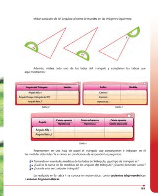 195
Midan cada uno de los ángulos tal como se muestra en las imágenes siguientes:
α
Además, midan cada uno de los lados del triángulo y completen las tablas que
aquí mostramos:
Representen en una hoja de papel el triángulo que construyeron e indiquen en él
las medidas obtenidas. Ya estamos en condiciones de responder las preguntas:
Tomando en cuenta las medidas de los lados del triángulo, ¿qué tipo de triángulo es?
¿Cuál es la suma de las medidas de los ángulos del triángulo? ¿Cuánto deberían sumar?
¿Sucede esto en cualquier triángulo?
Lo realizado en la tabla 4 se conoce en matemáticas como cocientes trigonométricos
o razones trigonométricas.
Midan cada uno de los ángulos tal como se muestra en las imágenes siguientes:
α
Midan cada uno de los ángulos tal como se muestra en las imágenes siguientes:
β
Tabla 2
α
α
β
β
Ω
Tabla 3
Tabla 4
Ω
 