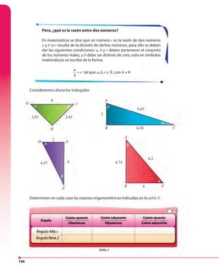 196
Pero, ¿qué es la razón entre dos números?
En matemáticas se dice que un número r es la razón de dos números
a y b si r resulta de la división de dichos números, para ello se deben
dar las siguientes condiciones: a, b y r deben pertenecer al conjunto
de los números reales, y b debe ser distinto de cero, esto en símbolos
matemáticos se escribe de la forma:
, , , 0
a
r tal que a b r con b
b
= ∈ ≠»tal que , , , 0
a
r tal que a b r con b
b
= ∈ ≠», con, , , 0
a
r tal que a b r con b
b
= ∈ ≠»
Consideremos ahora los triángulos:
A
6,65
2,832,83
6,34
6,2
2
2
4
4
4 4,744,47
A
B
IG
H
D E
F
B
C
C
Determinen en cada caso las razones trigonométricas indicadas en la tabla 5:
β
β
β
β
α
α
α
α
Tabla 5
α
β
 