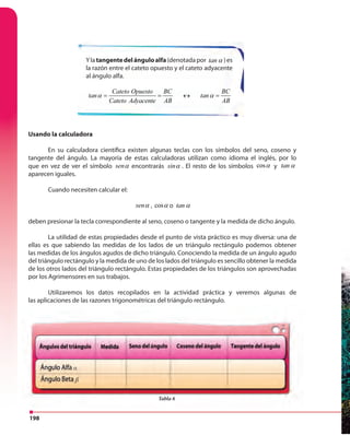198
Ylatangentedelánguloalfa(denotadapor tan α )es
la razón entre el cateto opuesto y el cateto adyacente
al ángulo alfa.
α α= = ↔ =
Cateto Opuesto BC BC
tan tan
Cateto Adyacente AB AB
Usando la calculadora
En su calculadora científica existen algunas teclas con los símbolos del seno, coseno y
tangente del ángulo. La mayoría de estas calculadoras utilizan como idioma el inglés, por lo
que en vez de ver el símbolo senα encontrarás sinα . El resto de los símbolos cosα y tan α
aparecen iguales.
Cuando necesiten calcular el:
senα , cosα o tan α
deben presionar la tecla correspondiente al seno, coseno o tangente y la medida de dicho ángulo.
La utilidad de estas propiedades desde el punto de vista práctico es muy diversa: una de
ellas es que sabiendo las medidas de los lados de un triángulo rectángulo podemos obtener
las medidas de los ángulos agudos de dicho triángulo. Conociendo la medida de un ángulo agudo
del triángulo rectángulo y la medida de uno de los lados del triángulo es sencillo obtener la medida
de los otros lados del triángulo rectángulo. Estas propiedades de los triángulos son aprovechadas
por los Agrimensores en sus trabajos.
Utilizaremos los datos recopilados en la actividad práctica y veremos algunas de
las aplicaciones de las razones trigonométricas del triángulo rectángulo.
Tabla 6
α
β
 