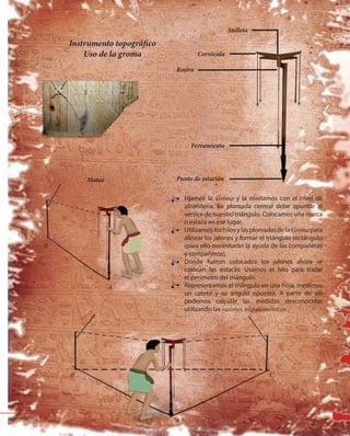201201
Instrumento topográfico
Uso de la groma
Stelleta
Rostro
Cornicula
Ferramiento
Punto de estaciónMatae
A
A
B
B
C
Fijamos la Groma y la nivelamos con el nivel de
albañilería. La plomada central debe apuntar al
vértice de nuestro triángulo. Colocamos una marca
o estaca en ese lugar.
UtilizamosloshilosylasplomadasdelaGromapara
alinear los jalones y formar el triángulo rectángulo
(para ello necesitarán la ayuda de las compañeras
y compañeros).
Donde fueron colocados los jalones ahora se
colocan las estacas. Usamos el hilo para trazar
el perímetro del triángulo.
Representamos el triángulo en una hoja, medimos
un cateto y su ángulo opuesto. A partir de allí
podemos calcular las medidas desconocidas
utilizando las razones trigonométricas.
 