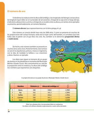26
El número de oro
Si dividimos la estatura entre la altura del ombligo, o las longitudes de falanges consecutivas
(la longitud mayor debe ser el numerador de tal cociente), el largo de la ceja entre el largo del ojo,
elaltodelacabezaentresuancho,oellargodeunescalónentresualtura,yentantosotrosejemplos
se presenta, aproximadamente, un número fabuloso:
El número de oro (que representaremos con la letra griega phi: φ)
Este número se conocía desde hace más de 2000 años. Y como se presenta en muchas de
las proporciones del cuerpo humano, tanto de la mujer como del hombre, se consideró que éste
había sido el patrón con el que Dios nos creó. Así, también se le denomina proporción divina
o razón áurea.
La proporción áurea en un grupo de jóvenes (Municipio Montes, Estado Sucre)
Nota: Las columnas dos y tres presentan datos en centímetros.
Los datos en la última columna se aproximaron a cuatro cifras decimales
La proporción áurea en un grupo de jóvenes (Municipio Montes, Estado Sucre)
Nota: Las columnas dos y tres presentan datos en centímetros.
De hecho, este número también se presenta en
muchosotrosseresvivos.Posteriormente,estenúmero
se usó en la arquitectura, pintura, música e ingeniería,
con la idea de trasladar la belleza a sus creaciones
y obras. Veamos un ejemplo.
Los datos que siguen se tomaron de un grupo
de jóvenes en las paradisíacas montañas del Municipio
Montes (Estado Sucre). Nos concentramos en calcular
la proporción entre la estatura y la altura del ombligo
(los nombres que exponemos son etiquetas).
las proporciones del cuerpo humano, tanto de la mujer como del hombre, se consideró que éste
había sido el patrón con el que Dios nos creó. Así, también se le denomina proporción divina
 