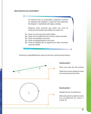 29
¿Qué números son construibles?
Construcción 1
Recta que pasa por dos puntos.
Dados dos puntos podemos trazar
una recta que pasa por ellos.
A
B
Construcción 2
Trazado de una circunferencia.
Dados dos puntos podemos trazar
una circunferencia de centro A
y radio AB.
Un número real b es construible si podemos construir
un segmento de longitud b a partir de otro segmento
de longitud 1 empleando sólo regla y compás.
Debemos tener presente que existe una serie de
construcciones básicas permitidas, las cuales son:
Trazar una recta por dos puntos dados.
Trazar una circunferencia con centro y radio conocidos.
Trazar una paralela a una recta.
Trazar una perpendicular a una recta.
Trazar la mediatriz de un segmento (es decir, encontrar
su punto medio).
Ilustremos y ejemplifiquemos cada una de estas construcciones básicas.
A
B
 