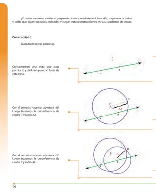 30
¿Y cómo trazamos paralelas, perpendiculares y mediatrices? Para ello, sugerimos a todos
y todas que sigan los pasos indicados y hagan estas construcciones en sus cuadernos de notas.
Con el compás hacemos abertura AC.
Luego trazamos la circunferencia de
centro B y radio AC.
Con el compás hacemos abertura AB.
Luego trazamos la circunferencia de
centro C y radio AB.
Construcción 3
Trazado de rectas paralelas.
Consideremos una recta que pasa
por A y B, y dado un punto C fuera de
esta recta.
A
B
A
B
C
C
D
AB
A
B
C
D
AC
 