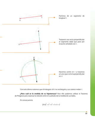 33
Partimos de un segmento de
longitud 1.
Trazamos una recta perpendicular
al segmento dado que pase por
el punto señalado con 1.
Hacemos centro en 1 y trazamos
un arco que corte la perpendicular
en A.
Con esto último notemos que el triángulo ∆01A es rectángulo y sus catetos miden 1.
¿Pero cuál es la medida de su hipotenusa? Para ello podemos utilizar el Teorema
de Pitágoras para expresar la relación entre el cuadrado de la medida de sus lados.
En consecuencia:
( )
2 2 2
0 1 1 1 1 2A = + = + =
0
1
0
1
0
1
A
 