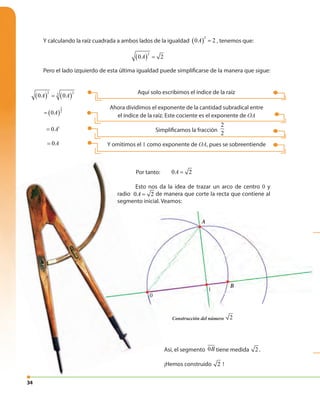 34
0
1
A
B
Y calculando la raíz cuadrada a ambos lados de la igualdad ( )
2
0 2A = , tenemos que:
( )
2
0 2A =
Pero el lado izquierdo de esta última igualdad puede simplificarse de la manera que sigue:
Aquí solo escribimos el índice de la raíz
Ahora dividimos el exponente de la cantidad subradical entre
el índice de la raíz. Este cociente es el exponente de OA
Simplificamos la fracción
Y omitimos el 1 como exponente de OA, pues se sobreentiende
( ) ( )
2 2
2
0 0A A=
( )
2
2
0A=
1
0A=
0A=
Construcción del número0 2A =
Así, el segmento 0B tiene medida0 2A = .
¡Hemos construido0 2A = !
Así, el segmento
Por tanto: 0 2A =
Esto nos da la idea de trazar un arco de centro 0 y
radio 0 2A = de manera que corte la recta que contiene al
segmento inicial. Veamos:
2
2
 