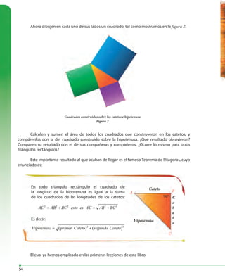 54
Ahora dibujen en cada uno de sus lados un cuadrado, tal como mostramos en la figura 2.
Calculen y sumen el área de todos los cuadrados que construyeron en los catetos, y
compárenlos con la del cuadrado construido sobre la hipotenusa. ¿Qué resultado obtuvieron?
Comparen su resultado con el de sus compañeras y compañeros. ¿Ocurre lo mismo para otros
triángulos rectángulos?
Este importante resultado al que acaban de llegar es el famoso Teorema de Pitágoras, cuyo
enunciado es:
En todo triángulo rectángulo el cuadrado de
la longitud de la hipotenusa es igual a la suma
de los cuadrados de las longitudes de los catetos:
2 2 2 2 2
AC AB BC esto es AC AB BC= + = +
Es decir:
2 2
( ) ( )Hipotenusa primer Cateto segundo Cateto= +
Cuadrados construidos sobre los catetos e hipotenusa
Figura 2
El cual ya hemos empleado en las primeras lecciones de este libro.
A B
C
Cateto
90° C
a
t
e
t
o
Hipotenusa
 