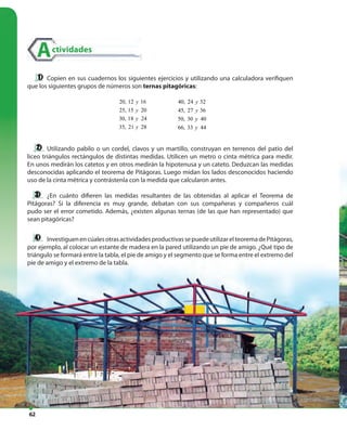 62
Copien en sus cuadernos los siguientes ejercicios y utilizando una calculadora verifiquen
que los siguientes grupos de números son ternas pitagóricas:
Utilizando pabilo o un cordel, clavos y un martillo, construyan en terrenos del patio del
liceo triángulos rectángulos de distintas medidas. Utilicen un metro o cinta métrica para medir.
En unos medirán los catetos y en otros medirán la hipotenusa y un cateto. Deduzcan las medidas
desconocidas aplicando el teorema de Pitágoras. Luego midan los lados desconocidos haciendo
uso de la cinta métrica y contrástenla con la medida que calcularon antes.
¿En cuánto difieren las medidas resultantes de las obtenidas al aplicar el Teorema de
Pitágoras? Si la diferencia es muy grande, debatan con sus compañeras y compañeros cuál
pudo ser el error cometido. Además, ¿existen algunas ternas (de las que han representado) que
sean pitagóricas?
InvestiguenencúalesotrasactividadesproductivassepuedeutilizarelteoremadePitágoras,
por ejemplo, al colocar un estante de madera en la pared utilizando un pie de amigo. ¿Qué tipo de
triángulo se formará entre la tabla, el pie de amigo y el segmento que se forma entre el extremo del
pie de amigo y el extremo de la tabla.
Actividades
20, 12 16
25, 15 20
30, 18 24
35, 21 28
y
y
y
y
40, 24 32
45, 27 36
50, 30 40
66, 33 44
y
y
y
y
 