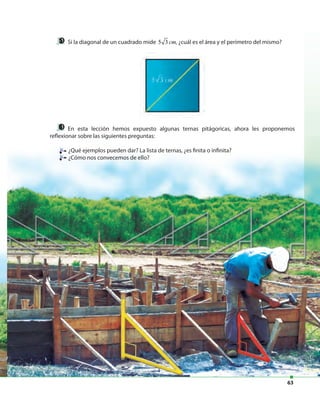 63
Si la diagonal de un cuadrado mide 5 3 cm, ¿cuál es el área y el perímetro del mismo?
En esta lección hemos expuesto algunas ternas pitágoricas, ahora les proponemos
reflexionar sobre las siguientes preguntas:
¿Qué ejemplos pueden dar? La lista de ternas, ¿es finita o infinita?
¿Cómo nos convecemos de ello?
 