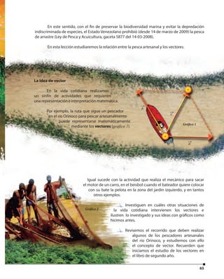 65
La Idea de vector
En la vida cotidiana realizamos
un sinfín de actividades que requieren
unarepresentacióneinterpretaciónmatemática.
Por ejemplo, la ruta que sigue un pescador
en el río Orinoco para pescar artesanalmente
puede representarse matemáticamente
mediante los vectores (gráfico 1).
Gráfico 1
Igual sucede con la actividad que realiza el mecánico para sacar
el motor de un carro, en el beisbol cuando el bateador quiere colocar
con su bate la pelota en la zona del jardín izquierdo, y en tantos
otros ejemplos.
Investiguen en cuáles otras situaciones de
la vida cotidiana intervienen los vectores e
ilustren lo investigado y sus ideas con gráficos como
hicimos antes.
Revisemos el recorrido que deben realizar
algunos de los pescadores artesanales
del río Orinoco, y estudiemos con ello
el concepto de vector. Recuerden que
iniciamos el estudio de los vectores en
el libro de segundo año.
Gráfico 2
En este sentido, con el fin de preservar la biodiversidad marina y evitar la depredación
indiscriminada de especies, el Estado Venezolano prohibió (desde 14 de marzo de 2009) la pesca
de arrastre (Ley de Pesca y Acuicultura, gaceta 5877 del 14-03-2008).
En esta lección estudiaremos la relación entre la pesca artesanal y los vectores.
a ( ) ( )1,2 3,4v −→
u →
c ( ) ( )1,2 3,4v −→
u →
b ( ) ( )1,2 3,4v −→
u →
Investiguen en cuáles otras situaciones de
Revisemos el recorrido que deben realizar
 