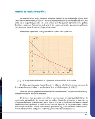 83
Método de resolución gráfica
En el caso que nos ocupa, debemos, entonces, obtener un par ordenado ( ),x y que debe
satisfacer, simultáneamente, a cada una de las ecuaciones lineales que estamos considerando. Por
tanto, ese es un punto que pertenece a cada una de las rectas que son representaciones gráficas
de dichas ecuaciones. Representen cada una de las ecuaciones lineales que estamos utilizando
y encuentren el punto de intersección de ambas rectas.
Veamos esas representaciones gráficas en un sistema de coordenadas:
¿Cuál es el punto donde se cortan, o punto de intersección, de las dos rectas?
En el caso que nos ocupa, el par ordenado ( )14 ,11 es la solución al problema planteado. Es
decir, se vendieron un total de 14 bombonas de 10 kg (x) y 11 bombonas de 18 kg (y).
Observen que para poder resolver la situación que se planteó el Consejo Comunal de Moruy,
hemos formulado un modelo matemático.
En términos muy generales un modelo es una manera de proceder cuando tratamos de
comprender las realidades del mundo que nos rodea. Cuando los problemas se expresan en
el lenguaje algebraico, producimos un nuevo sistema en el que se puede explorar la estructura del
problema modelado y obtener su solución. La modelación algebraica de los problemas proporciona
nuevas capacidades para analizar las soluciones, generalizarlas y justificar el alcance de las mismas.
Permite además reducir los tipos de problemas y unificar las técnicas de solución.
¿Cuál es el punto donde se cortan, o punto de intersección, de las dos rectas?
 