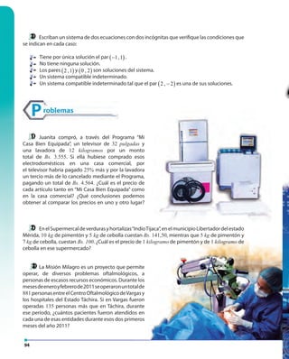 94
Escriban un sistema de dos ecuaciones con dos incógnitas que verifique las condiciones que
se indican en cada caso:
Tiene por única solución el par ( )1,1− .
No tiene ninguna solución.
Los pares ( )2 ,1 y ( )0 , 2 son soluciones del sistema.
Un sistema compatible indeterminado.
Un sistema compatible indeterminado tal que el par ( )2 , 2− es una de sus soluciones.
Juanita compró, a través del Programa “Mi
Casa Bien Equipada”, un televisor de 32 pulgadas y
una lavadora de 12 kilogramos por un monto
total de Bs. 3.555. Si ella hubiese comprado esos
electrodomésticos en una casa comercial, por
el televisor habría pagado 25% más y por la lavadora
un tercio más de lo cancelado mediante el Programa,
pagando un total de Bs. 4.564. ¿Cuál es el precio de
cada artículo tanto en “Mi Casa Bien Equipada” como
en la casa comercial? ¿Qué conclusiones podemos
obtener al comparar los precios en uno y otro lugar?
Problemas
EnelSupermercaldeverdurasyhortalizas“IndioTijaca”,enelmunicipioLibertadordelestado
Mérida, 10 kg de pimentón y 5 kg de cebolla cuestan Bs. 141,50, mientras que 5 kg de pimentón y
7 kg de cebolla, cuestan Bs. 100. ¿Cuál es el precio de 1 kilogramo de pimentón y de 1 kilogramo de
cebolla en ese supermercado?
La Misión Milagro es un proyecto que permite
operar, de diversos problemas oftalmológicos, a
personas de escasos recursos económicos. Durante los
mesesdeeneroyfebrerode2011seoperaronuntotalde
881 personasentreelCentroOftalmológicodeVargasy
los hospitales del Estado Táchira. Si en Vargas fueron
operadas 135 personas más que en Táchira, durante
ese período, ¿cuántos pacientes fueron atendidos en
cada una de esas entidades durante esos dos primeros
meses del año 2011?
Juanita compró, a través del Programa “Mi
y
por un monto
. Si ella hubiese comprado esos
electrodomésticos en una casa comercial, por
más y por la lavadora
un tercio más de lo cancelado mediante el Programa,
¿Cuál es el precio de
cada artículo tanto en “Mi Casa Bien Equipada” como
en la casa comercial? ¿Qué conclusiones podemos
EnelSupermercaldeverdurasyhortalizas“IndioTijaca”,enelmunicipioLibertadordelestadoEnelSupermercaldeverdurasyhortalizas“IndioTijaca”,enelmunicipioLibertadordelestado
Bs. 141,50, mientras que 5 kg de pimentón ykg de pimentón ykg
1 kilogramo de pimentón y de 1 kilogramo de
 