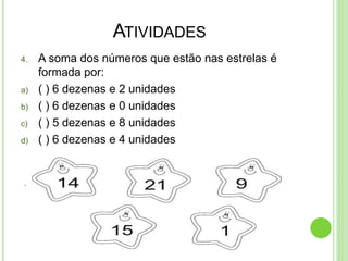 ATIVIDADES
4. A soma dos números que estão nas estrelas é
formada por:
a) ( ) 6 dezenas e 2 unidades
b) ( ) 6 dezenas e 0 unidades
c) ( ) 5 dezenas e 8 unidades
d) ( ) 6 dezenas e 4 unidades
 