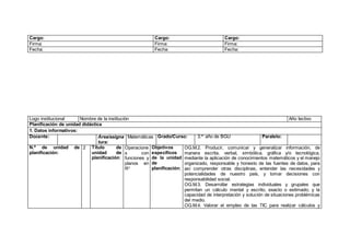Cargo: Cargo: Cargo:
Firma: Firma: Firma:
Fecha: Fecha: Fecha:
Logo institucional Nombre de la institución Año lectivo
Planificación de unidad didáctica
1. Datos informativos:
Docente: Área/asigna
tura:
Matemáticas Grado/Curso: 3.er
año de BGU Paralelo:
N.º de unidad de
planificación:
2 Título de
unidad de
planificación:
Operacione
s con
funciones y
planos en
R3
Objetivos
específicos
de la unidad
de
planificación:
OG.M.2. Producir, comunicar y generalizar información, de
manera escrita, verbal, simbólica, gráfica y/o tecnológica,
mediante la aplicación de conocimientos matemáticos y el manejo
organizado, responsable y honesto de las fuentes de datos, para
así comprender otras disciplinas, entender las necesidades y
potencialidades de nuestro país, y tomar decisiones con
responsabilidad social.
OG.M.3. Desarrollar estrategias individuales y grupales que
permitan un cálculo mental y escrito, exacto o estimado; y la
capacidad de interpretación y solución de situaciones problémicas
del medio.
OG.M.4. Valorar el empleo de las TIC para realizar cálculos y
 
