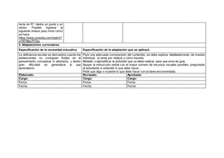 recta en R3
, dados un punto y un
vector. Puedes ingresar al
siguiente enlace para mirar cómo
se hace.
https://www.youtube.com/watch?
v=NTAIau7FGyc
3. Adaptaciones curriculares
Especificación de la necesidad educativa Especificación de la adaptación que se aplicará
La deficiencia escolar se demuestra cuando los
adolescentes no consiguen fluidez en el
pensamiento conceptual ni abstracto, y tienen
gran dificultad en generalizar lo que
aprendieron.
Para una adecuada comprensión del contenido, se debe explicar detalladamente, de manera
individual, la tarea por realizar y cómo hacerla.
Modelar o ejemplificar la actividad que se debe realizar, para que sirva de guía.
Apoyar la instrucción verbal con el mayor número de recursos visuales posibles; preguntarle
al estudiante si entendió lo que debe hacer.
Pedir que diga o muestre lo que debe hacer con la tarea encomendada.
Elaborado: Revisado: Aprobado:
Cargo: Cargo: Cargo:
Firma: Firma: Firma:
Fecha: Fecha: Fecha:
 
