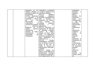 pertinencia de los
métodos utilizados y
juzgando la validez de
los resultados.
O.M.5.6. Desarrollar
la curiosidad y la
creatividad a través
del uso de
herramientas
matemáticas al
momento de enfrentar
y solucionar
problemas de la
realidad nacional,
demostrando
actitudes de orden,
perseverancia y
capacidades de
investigación.
matemática, e interpretar
y juzgar la validez de las
soluciones obtenidas.
M.5.3.18. Identificar
variables aleatorias
discretas en problemas de
texto y reconocer la
distribución de Poisson,
como ejemplo de
variables aleatorias
discretas y sus
aplicaciones.
M.5.3.19. Reconocer un
experimento de Bernoulli
en diferentes contextos
(control de calidad,
análisis de datos, entre
otros) y la distribución
binomial en problemas de
texto, identificando los
valores de p y q.
M.5.3.20. Calcular
probabilidades binomiales
con la fórmula (o con el
apoyo de las TIC), la
media, la varianza de
distribuciones binomiales,
y graficar.
M.5.3.21. Analizar las
formas de las gráficas de
distribuciones normales
en ejemplos de aplicación,
con el apoyo de las TIC, y
matemática
financiera e
hipotética.
M.5.4.1.
Identifica las
sucesiones
según sus
características
y halla los
parámetros
desconocidos;
aplica
progresiones
en
aplicaciones
cotidianas y
analiza el
sistema
financiero
local,
apreciando la
importancia de
estos
conocimientos
para la toma
de decisiones
asertivas.
(J.2.)
CE.M.5.10.
Emplea
técnicas de
conteo y teoría
de
 