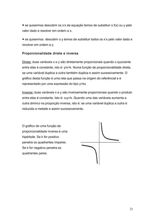 ● se quisermos descobrir os x’s da equação temos de substituir o f(x) ou y pelo
valor dado e resolver em ordem a x.
● se quisermos descobrir o y temos de substituir todos os x’s pelo valor dado e
revolver em ordem a y.
Proporcionalidade direta e inversa
Direta: duas variáveis x e y são diretamente proporcionais quando o quociente
entre elas é constante, isto é: y/x=k. Numa função de proporcionalidade direta,
se uma variável duplica a outra também duplica e assim sucessivamente. O
gráfico desta função é uma reta que passa na origem do referêncial e é
representado por uma expressão do tipo y=kx.
Inversa: duas variáveis x e y são inversamente proporcionais quando o produto
entre elas é constante. Isto é: xxy=k. Quando uma das variáveis aumenta a
outra diminui na proporção inversa, isto é: se uma variável duplica a outra é
reduzida a metade e assim sucessivamente.
O gráfico de uma função de
proporcionalidade inversa é uma
hipérbole. Se k for positivo
penetra os quadrantes ímpares.
Se k for negativo penetra os
quadrantes pares.
21
 