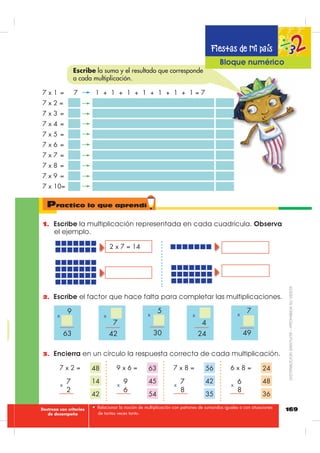164
Practico lo que aprendí
• Relacionar la noción de multiplicación con patrones de sumandos iguales o con situaciones
de tantas veces tanto.
1. (VFULEH OD PXOWLSOLFDFLyQ UHSUHVHQWDGD HQ FDGD VHPLUUHFWD
QXPpULFD
0 1 2 3 4 5 6 7 8 9 10 11 12 13 14 15 16 17 18 19 20
X =
2. 5HDOL]D ORV VDOWRV HQ OD VHPLUUHFWD QXPpULFD VHJ~Q LQGLFD OD
PXOWLSOLFDFLyQ
0 1 2 3 4 5 6 7 8 9 10 11 12 13 14 15 16 17 18
0 1 2 3 4 5 6 7 8 9 10 11 12 13 14 15 16 17 18
4 x 4 =
6 x 2 =
0 1 2 3 4 5 6 7 8 9 10 11 12 13 14 15 16 17 18 19 20
X =
Destreza con criterios
de desempeño
',675,%8,Ï1*5$78,7$±352+,%,'$689(17$
 