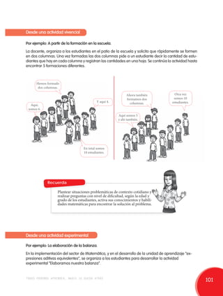 Desde una actividad vivencial 
Por ejemplo: A partir de la formación en la escuela. 
La docente, organiza a los estudiantes en el patio de la escuela y solicita que rápidamente se formen 
en dos columnas. Una vez formadas las dos columnas pide a un estudiante decir la cantidad de estu-diantes 
que hay en cada columna y registran las cantidades en una hoja. Se continúa la actividad hasta 
encontrar 5 formaciones diferentes. 
Hemos formado 
dos columnas. 
Y aquí 4. estudiantes. 
En total somos 
10 estudiantes. 
Ahora también 
formamos dos 
columnas. 
Otra vez 
somos 10 
Aquí, 
somos 6. 
Aquí somos 5 
y ahí también. 
Recuerda 
reali 
Plantear situaciones problemáticas de contexto cotidiano y 
realizar preguntas con nivel de dificultad, según la edad y 
grado de los estudiantes, activa sus conocimientos y habili-dades 
matemáticas para encontrar la solución al problema. 
Desde una actividad experimental 
Por ejemplo: La elaboración de la balanza. 
En la implementación del sector de Matemática, y en el desarrollo de la unidad de aprendizaje “ex-presiones 
aditivas equivalentes”, se organiza a los estudiantes para desarrollar la actividad 
experimental “Elaboramos nuestra balanza”. 
todos podemos aprender, nadie se queda atrás 101 
 
