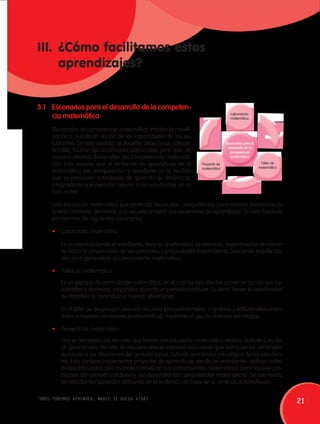 III. ¿Cómo facilitamos estos 
aprendizajes? 
3.1 Escenarios para el desarrollo de la competen-cia 
matemática 
Desarrollar la competencia matemática implica la movili-zación 
o puesta en acción de las capacidades de los es-tudiantes. 
En este sentido, el docente debe crear, ofrecer, 
brindar, facilitar las condiciones adecuadas para que, de 
manera efectiva desarrollen las competencias matemáti-cas. 
Esto supone que el ambiente de aprendizaje de la 
Laboratorio 
matemático 
Proyecto de 
matemática 
Taller de 
matemática 
Escenarios para el 
desarrollo de la 
competencia 
matemática 
matemática sea enriquecedor y desafiante en la medida 
que se presenten actividades de aprendizaje dinámicas, 
integradoras que permitan asumir a los estudiantes un rol 
más activo. 
Una educación matemática que pretenda desarrollar competencias para resolver problemas de 
la vida cotidiana, demanda a la escuela ampliar sus escenarios de aprendizaje. En este fascículo 
planteamos los siguientes escenarios: 
• Laboratorio matemático 
Es un espacio donde el estudiante, tiene la oportunidad de vivenciar, experimentar de mane-ra 
lúdica la construcción de los conceptos y propiedades matemáticas, buscando regularida-des 
para generalizar el conocimiento matemático. 
• Taller de matemática 
Es un espacio de aprendizaje matemático, en el cual los estudiantes ponen en acción sus ha-bilidades 
y destrezas adquiridas durante un periodo curricular. Es decir, tienen la oportunidad 
de transferir lo aprendido a nuevas situaciones. 
En el taller se despliegan diversos recursos (procedimentales, cognitivos y actitudinales) orien-tados 
a resolver situaciones problemáticas, mediante el uso de diversas estrategias. 
• Proyecto de matemática 
Hoy se demanda a la escuela, que brinde una educación matemática realista, auténtica, es de-cir, 
para la vida. Por ello, se requiere ofrecer espacios educativos que acerquen los contenidos 
escolares a las situaciones del contexto social, cultural, económico y ecológico de los estudian-tes. 
Esto conlleva implementar proyectos de aprendizaje donde los estudiantes realicen activi-dades 
articuladas que los incite a movilizar sus conocimientos matemáticos, para resolver pro-blemas 
del contexto cotidiano y, así desarrollar las competencias matemáticas. De ese modo, 
los estudiantes aprenden actuando en la realidad, con base en la continua autorreflexión. 
todos podemos aprender, nadie se queda atrás 21 
 