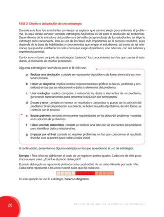 FASE 2: Diseño o adaptación de una estrategia 
Durante esta fase los estudiantes comienzan a explorar qué camino elegir para enfrentar el proble-ma. 
Es aquí donde conocer variadas estrategias heurísticas es útil para la resolución de problemas. 
Dependiendo de la estructura del problema y del estilo de aprendizaje de los estudiantes, se elige la 
estrategia más conveniente. Esta es una de las fases más importantes en el proceso resolutivo, pues 
depende de la base de habilidades y conocimientos que tengan el estudiantes, así como de las rela-ciones 
que puedan establecer no solo con lo que exige el problema, sino además, con sus saberes y 
experiencias previas. 
Contar con un buen conjunto de estrategias "potencia" los conocimientos con los que cuenta el estu-diante, 
al momento de resolver problemas. 
Algunas estrategias heurísticas para el II ciclo son: 
a. Realizar una simulación: consiste en representar el problema de forma vivencial y con ma-terial 
concreto. 
b. Hacer un diagrama: implica realizar representaciones gráficas (icónicas, pictóricas y sim-bólicas) 
en las que se relacionen los datos o elementos del problema. 
c. U sar analogías: implica comparar o relacionar los datos o elementos de un problema, 
generando razonamientos para encontrar la solución por semejanzas. 
d. Ensayo y error: consiste en tantear un resultado y comprobar si puede ser la solución del 
problema. Si la comprobación es correcta, se habrá resuelto el problema, de otra forma, se 
continúa con el proceso. 
e. Buscar patrones: consiste en encontrar regularidades en los datos del problema y usarlas 
en la solución de problemas. 
f. Hacer una lista sistemática: consiste en realizar una lista con los elementos del problema 
para identificar datos y relacionarlos. 
g. Empezar por el final: consiste en resolver problemas en los que conocemos el resultado 
final del cual se partirá para hallar el valor inicial. 
A continuación, presentamos algunos ejemplos en los que se evidencia el uso de estrategias. 
Ejemplo 1: Tres niños se distribuyen el costo de un regalo en partes iguales. Cada uno de ellos puso 
cinco nuevos soles. ¿Cuál fue el precio del regalo? 
El precio del regalo se representa pintando cinco cuadraditos de un color diferente por cada niño. 
Cada parte representa a los cinco nuevos soles que da cada uno. 
En este ejemplo se usa la estrategia, hacer un diagrama. 
28 movilización nacional por la mejora de los aprendizajes 
 
