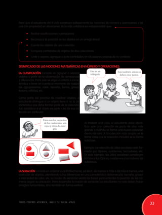 Para que el estudiante del II ciclo construya exitosamente las nociones de número y operaciones y las 
use con propiedad en situaciones de la vida cotidiana es indispensable que: 
• Realice clasificaciones y seriaciones 
• Reconozca la posición de los objetos en un arreglo lineal 
• Cuente los objetos de una colección 
• Compare cantidades de objetos de dos colecciones 
• Junte o separe, agregue o quite cantidades en situaciones propias de su contexto 
SIGNIFICADO DE LAS NOCIONES MATEMÁTICAS EN NÚMERO Y OPERACIONES: 
LA CLASIFICACIÓN consiste en agrupar o separar 
objetos a partir de la observación de semejanzas 
y diferencias. Para esto se elige un criterio o carac-terística 
a tener en cuenta al momento de realizar 
las agrupaciones: color, tamaño, forma, grosor, 
textura, utilidad, etc. 
Como parte del proceso de clasificar objetos, el 
estudiante distingue si un objeto tiene o no la ca-racterística 
que debe formar parte de la colección. 
Así, establece si el objeto es parte o no de esa co-lección 
en particular. 
Este es un 
triángulo. 
Este también, entonces 
deben estar juntos. 
Estos son los pequeños, 
de los cuales unos son 
rojos y otros de color 
gris. 
Al finalizar el II ciclo, el estudiante debe identi-ficar 
que una colección es parte de otra más 
grande o cuándo se forma una nueva colección 
dentro de otra. A la colección más amplia se le 
llama clase y a la colección incluida se le llama 
subclase. 
Ejemplo: La colección de útiles escolares está for-mada 
por lápices, cuadernos, borradores, etc. 
En este ejemplo, los útiles escolares constituyen 
la clase y los lápices, cuadernos y borradores las 
subclases. 
LA SERIACIÓN consiste en ordenar cuantitativamente, es decir, de menos a más o de más a menos, una 
colección de objetos, atendiendo a las diferencias en una característica determinada: tamaño, grosor 
o intensidad de color, etc. La noción de seriación sienta las bases para entender la posición de los nú-meros 
según su ubicación. Para desarrollar la noción de seriación los estudiantes no solo deben hacer 
arreglos horizontales, sino también en forma vertical. 
todos podemos aprender, nadie se queda atrás 33 
 