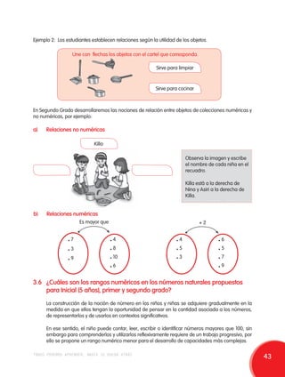 Ejemplo 2: Los estudiantes establecen relaciones según la utilidad de los objetos. 
Une con flechas los objetos con el cartel que corresponda. 
Sirve para limpiar 
Sirve para cocinar 
En Segundo Grado desarrollaremos las nociones de relación entre objetos de colecciones numéricas y 
no numéricas, por ejemplo: 
a) Relaciones no numéricas 
Observa la imagen y escribe 
el nombre de cada niña en el 
recuadro. 
Killa está a la derecha de 
Nina y Asiri a la derecha de 
Killa. 
Killa 
b) Relaciones numéricas 
• 7 
• 3 
• 9 
Es mayor que 
• 4 
• 8 
• 10 
• 6 
• 4 
• 5 
• 3 
+ 2 
• 6 
• 5 
• 7 
• 9 
3.6 ¿Cuáles son los rangos numéricos en los números naturales propuestos 
para Inicial (5 años), primer y segundo grado? 
La construcción de la noción de número en los niños y niñas se adquiere gradualmente en la 
medida en que ellos tengan la oportunidad de pensar en la cantidad asociada a los números, 
de representarlos y de usarlos en contextos significativos. 
En ese sentido, el niño puede contar, leer, escribir o identificar números mayores que 100, sin 
embargo para comprenderlos y utilizarlos reflexivamente requiere de un trabajo progresivo, por 
ello se propone un rango numérico menor para el desarrollo de capacidades más complejas. 
todos podemos aprender, nadie se queda atrás 43 
 