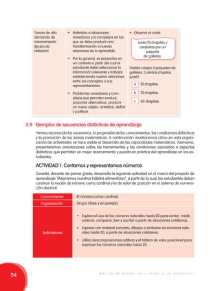 Tareas de alta 
demanda de 
razonamiento 
(grupo de 
reflexión) 
• Referidas a situaciones 
novedosas y/o complejas en las 
que se debe producir una 
transformación o nuevas 
relaciones de lo aprendido. 
• Por lo general, se presentan en 
un contexto a partir del cual el 
estudiante debe seleccionar la 
información relevante y trabajar 
estableciendo nuevas relaciones 
entre los conceptos o sus 
representaciones. 
• Problemas novedosos y com-plejos 
que permiten evaluar, 
proponer alternativas, producir 
un nuevo objeto, sintetizar, definir 
y justificar. 
• Observa el cartel. 
Junta 10 chapitas y 
canjéalas por un 
paquete 
de galletas. 
Violeta canjeó 3 paquetes de 
galletas. Cuántas chapitas 
juntó? 
a 10 chapitas 
b 13 chapitas 
c 30 chapitas 
3.9 Ejemplos de secuencias didácticas de aprendizaje 
Hemos reconocido los escenarios, la progresión de los conocimientos, las condiciones didácticas 
y la promoción de las tareas matemáticas. A continuación mostraremos cómo en esta organi-zación 
de actividades se hace visible el desarrollo de las capacidades matemáticas. Asimismo, 
presentaremos orientaciones sobre las herramientas y las condiciones asociados a aspectos 
didácticos que permitan un mejor acercamiento y puesta en práctica del aprendizaje en los es-tudiantes. 
ACTIVIDAD 1: Contamos y representamos números 
Zoraida, docente de primer grado, desarrolla la siguiente actividad en el marco del proyecto de 
aprendizaje ¨Mejoramos nuestros hábitos alimenticios”, a partir de la cual, los estudiantes deben 
construir la noción de número como cardinal y la de valor de posición en el sistema de numera-ción 
decimal. 
El número como cardinal 
Grupo clase y en parejas 
Conocimiento 
Organización 
Indicadores 
• Explora el uso de los números naturales hasta 20 para contar, medir, 
ordenar, comparar, leer y escribir a partir de situaciones cotidianas. 
• Expresa con material concreto, dibujos o símbolos los números natu-rales 
hasta 20, a partir de situaciones cotidianas. 
• Utiliza descomposiciones aditivas y el tablero de valor posicional para 
expresar los números naturales hasta 20. 
54 movilización nacional por la mejora de los aprendizajes 
 