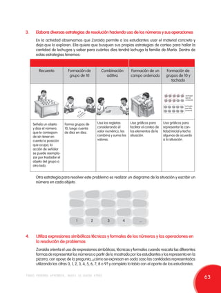 3. Elabora diversas estrategias de resolución haciendo uso de los números y sus operaciones 
En la actividad observamos que Zoraida permite a los estudiantes usar el material concreto y 
deja que lo exploren. Ella quiere que busquen sus propias estrategias de conteo para hallar la 
cantidad de lechugas y saber para cuántos días tendrá lechuga la familia de María. Dentro de 
estas estrategias tenemos: 
Realizar simulaciones Hacer un diagrama 
Recuento Formación de 
Señala un objeto 
y dice el número 
que le correspon-de 
sin tener en 
cuenta la posición 
que ocupa; la 
acción de señalar 
se puede reempla-zar 
por trasladar el 
objeto del grupo a 
otro lado. 
grupo de 10 
Forma grupos de 
10, luego cuenta 
de diez en diez. 
Formación de 
grupos de 10 y 
Lechugas 
que ya 
consumió. 
Lechugas 
que falta 
consumir 
Combinación 
aditiva 
Formación de un 
campo ordenado 
tachado 
Usa las regletas 
considerando el 
valor numérico, los 
combina y suma los 
valores. 
Usa gráficos para 
facilitar el conteo de 
los elementos de la 
situación. 
Usa gráficos para 
representar la can-tidad 
inicial y tacha 
algunos de acuerdo 
a la situación. 
Otra estrategia para resolver este problema es realizar un diagrama de la situación y escribir un 
número en cada objeto: 
1 2 3 4 ... 
4. Utiliza expresiones simbólicas técnicas y formales de los números y las operaciones en 
la resolución de problemas 
Zoraida orienta el uso de expresiones simbólicas, técnicas y formales cuando rescata las diferentes 
formas de representar los números a partir de lo mostrado por los estudiantes y los representa en la 
pizarra, con apoyo de la pregunta, ¿cómo se expresan en cada caso las cantidades representadas 
utilizando las cifras 0, 1, 2, 3, 4, 5, 6, 7, 8 o 9? y completa la tabla con el aporte de los estudiantes. 
todos podemos aprender, nadie se queda atrás 63 
 